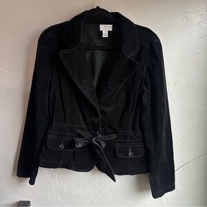 Black Cotton Velvet Blazer Dark Academia Whimsigoth  Tie Waist Jacket LOFT Sz 10